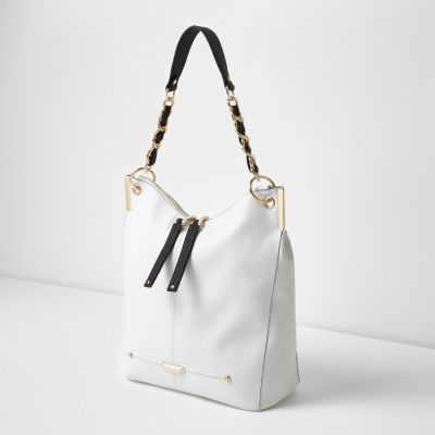 White and gold tone chain slouch tote bag
